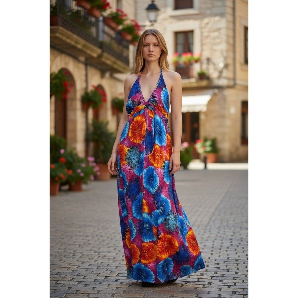 Hypnotik Womens Dress Halter Maxi Tropical Coral Floral Blue Bright Plus Med.